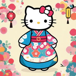 A charming and playful illustration of Hello Kitty wearing a traditional male hanbok