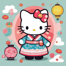 A charming and playful illustration of Hello Kitty wearing a traditional male hanbok