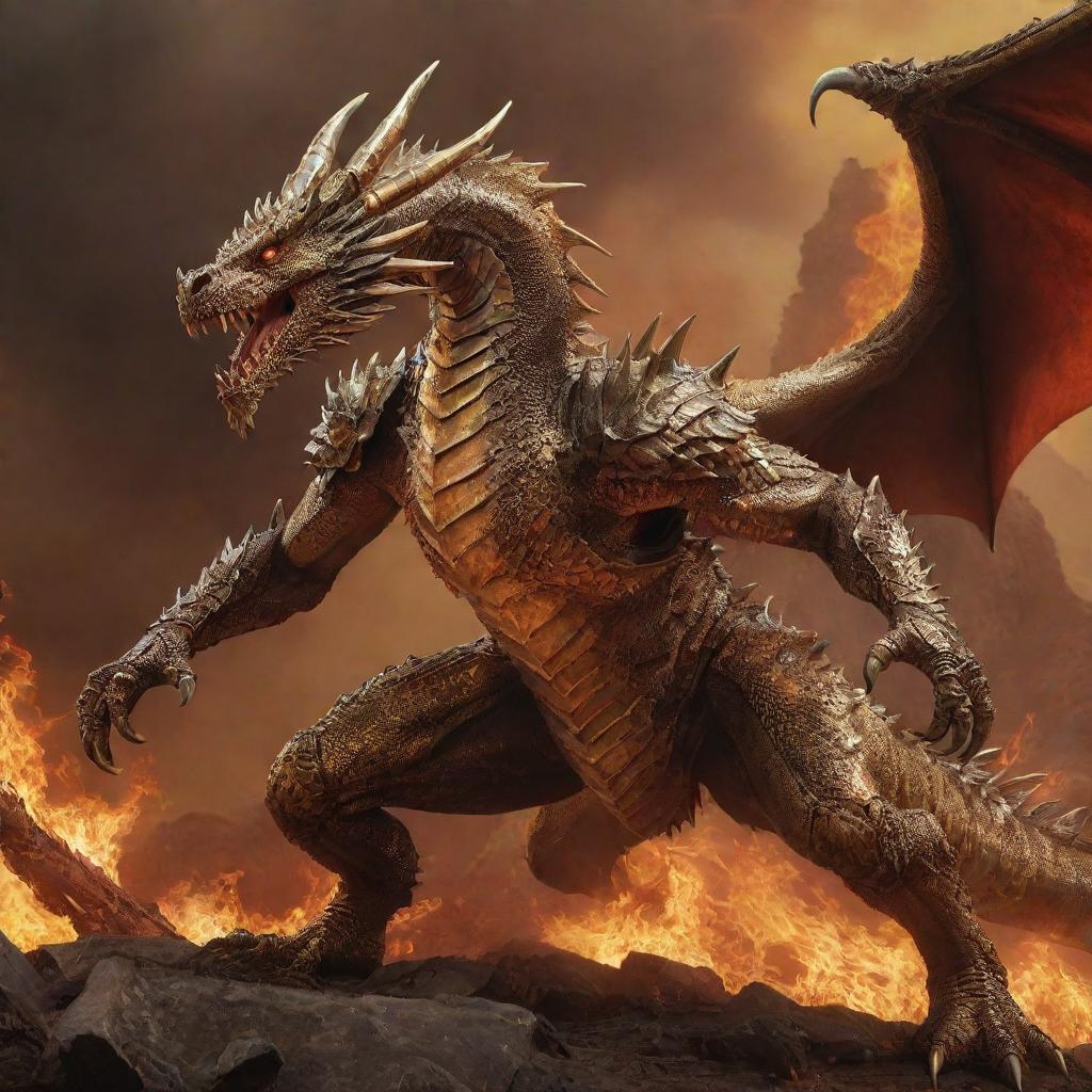 A ferocious dragon sheathed in radiant golden armor in an attack stance, set against a fiery, hellish backdrop