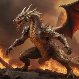 A ferocious dragon sheathed in radiant golden armor in an attack stance, set against a fiery, hellish backdrop