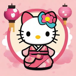 A charming and playful illustration of Hello Kitty wearing a traditional male hanbok