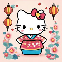 A charming and playful illustration of Hello Kitty wearing a traditional male hanbok