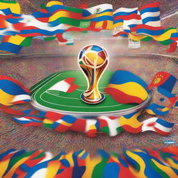 A vibrant and dynamic wallpaper for the 2026 World Cup, featuring a stadium filled with cheering fans, colorful flags, and the official logo of the 2026 World Cup