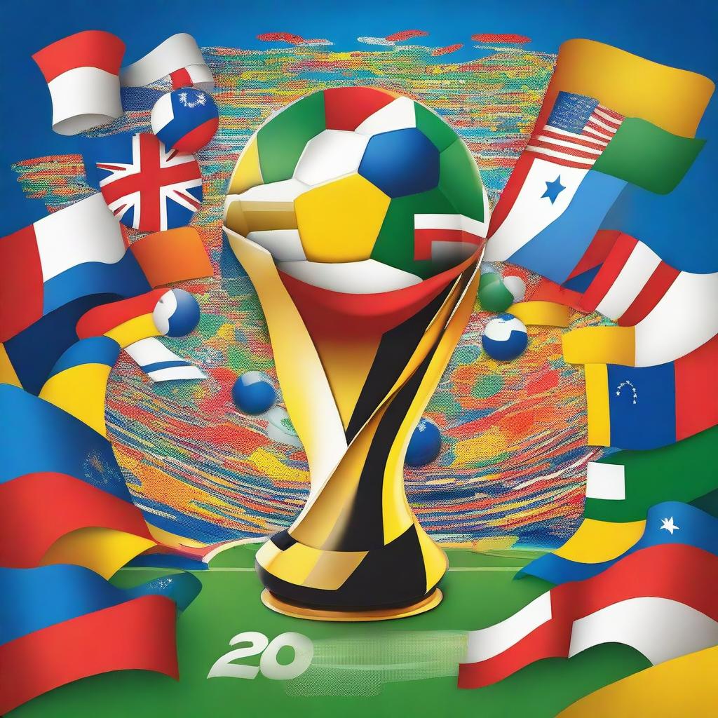 A vibrant and dynamic wallpaper for the 2026 World Cup, featuring a stadium filled with cheering fans, colorful flags, and the official logo of the 2026 World Cup