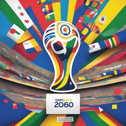 A vibrant and dynamic wallpaper for the 2026 World Cup, featuring a stadium filled with cheering fans, colorful flags, and the official logo of the 2026 World Cup