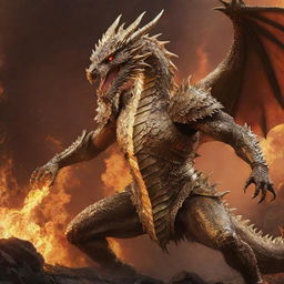 A ferocious dragon sheathed in radiant golden armor in an attack stance, set against a fiery, hellish backdrop