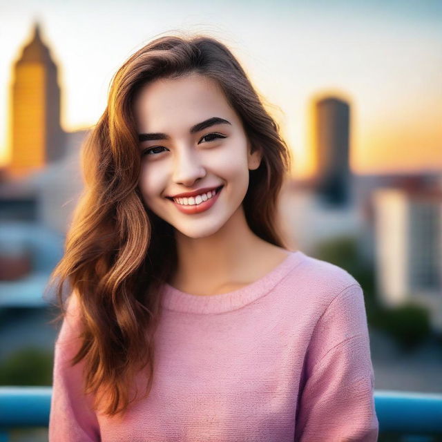 A beautiful 18-year-old girl with a charming smile, wearing a stylish outfit