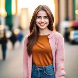 A beautiful 18-year-old girl with a charming smile, wearing a stylish outfit