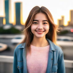 A beautiful 18-year-old girl with a charming smile, wearing a stylish outfit