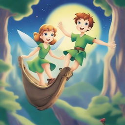 Create a whimsical and magical scene featuring Peter Pan and Wendy flying over Neverland