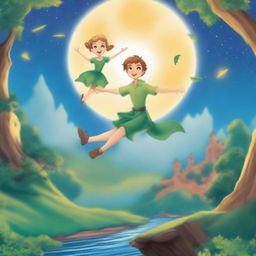 Create a whimsical and magical scene featuring Peter Pan and Wendy flying over Neverland