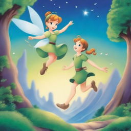 Create a whimsical and magical scene featuring Peter Pan and Wendy flying over Neverland