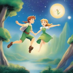 Create a whimsical and magical scene featuring Peter Pan and Wendy flying over Neverland