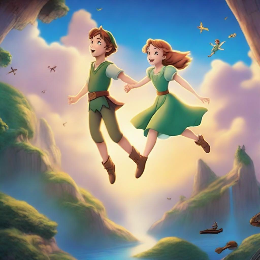 A beautiful scene featuring Peter Pan and Wendy flying over Neverland at sunset