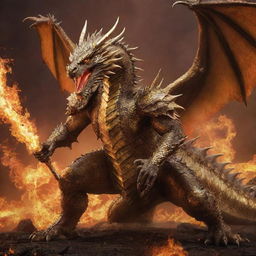 A ferocious dragon sheathed in radiant golden armor in an attack stance, set against a fiery, hellish backdrop