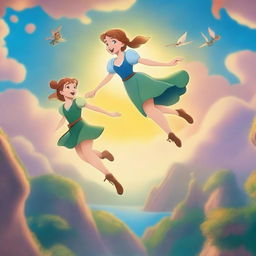 A beautiful scene featuring Peter Pan and Wendy flying over Neverland at sunset