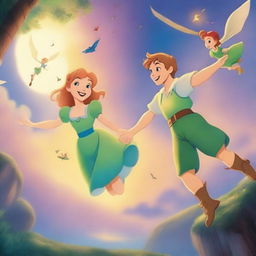 A beautiful scene featuring Peter Pan and Wendy flying over Neverland at sunset