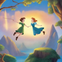 A beautiful scene featuring Peter Pan and Wendy flying over Neverland at sunset