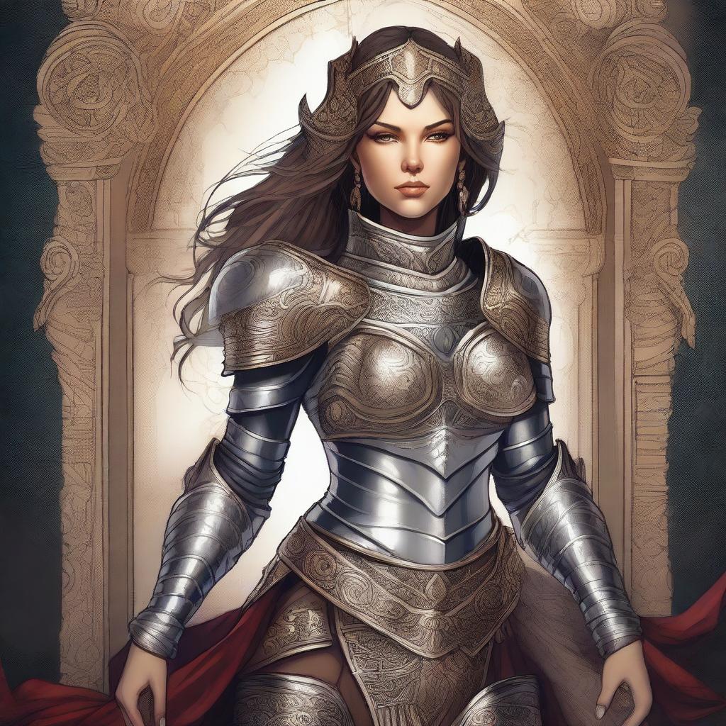 A detailed illustration of a confident, buxom woman standing in a heroic pose