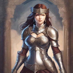 A detailed illustration of a confident, buxom woman standing in a heroic pose