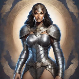 A detailed illustration of a confident, buxom woman standing in a heroic pose