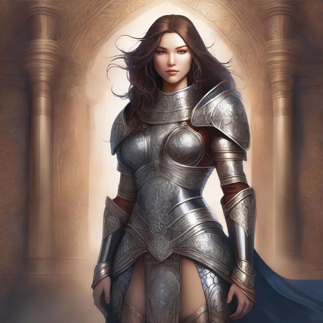 A detailed illustration of a confident, buxom woman standing in a heroic pose