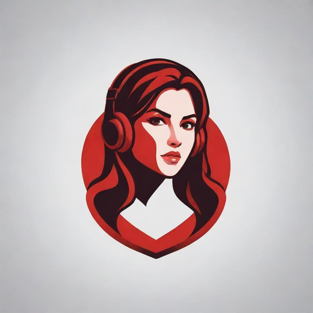 Design a striking and dynamic logo featuring a female gamer. Use red as the primary color to exhibit power and energy.