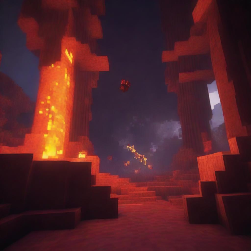 A thrilling scene in the Nether from Minecraft where players are searching for Blaze Rods