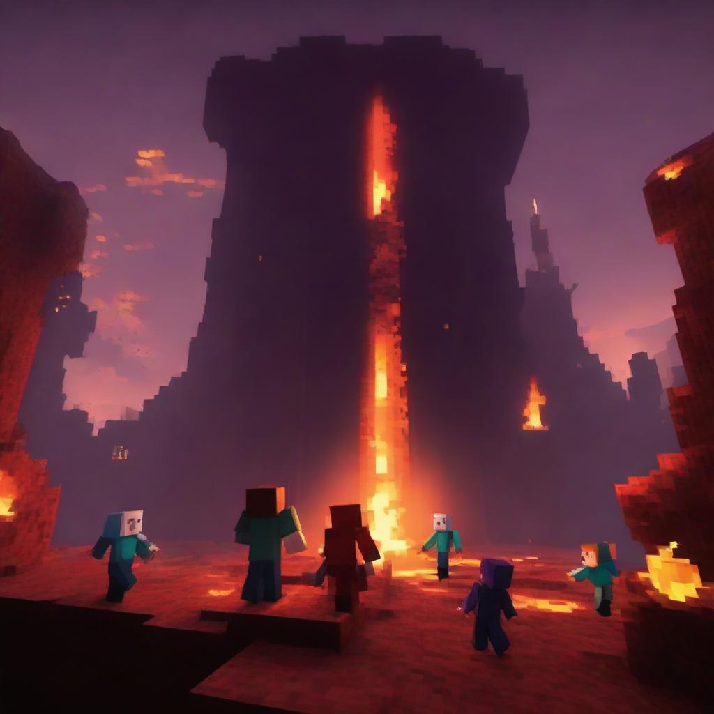 A thrilling scene in the Nether from Minecraft where players are searching for Blaze Rods