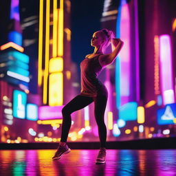 A deaf dancer stands confidently against the backdrop of a vibrant night metropolis