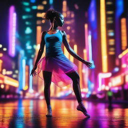 A deaf dancer stands confidently against the backdrop of a vibrant night metropolis