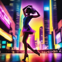 A deaf dancer stands confidently against the backdrop of a vibrant night metropolis