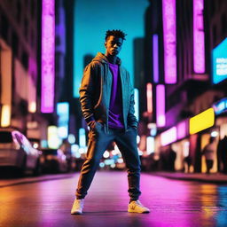 A deaf male street dancer stands confidently against the backdrop of a vibrant night metropolis