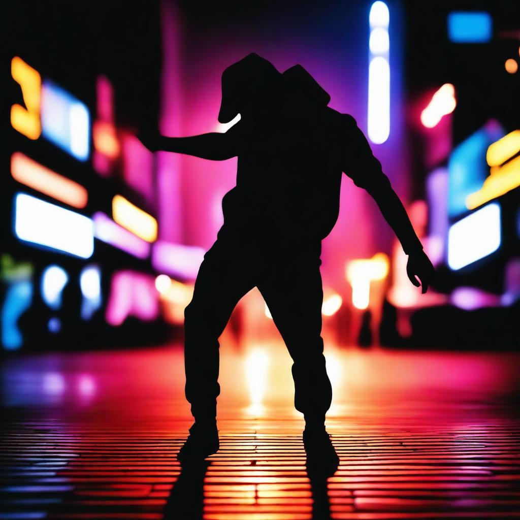 The shadow of a deaf male street dancer stands against the backdrop of a vibrant night metropolis