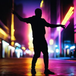 The shadow of a deaf male street dancer stands against the backdrop of a vibrant night metropolis