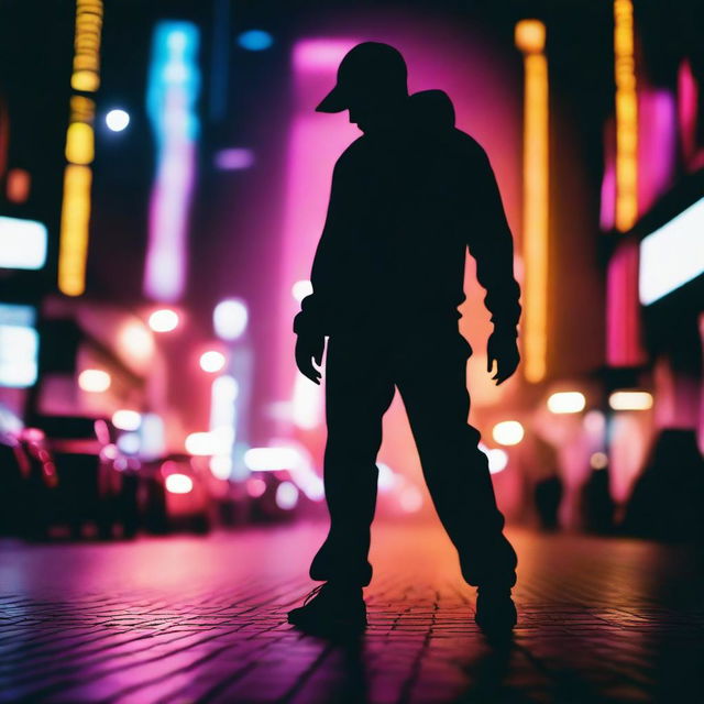 The shadow of a deaf male street dancer stands against the backdrop of a vibrant night metropolis