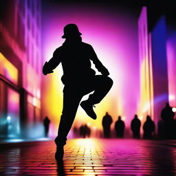 The shadow of a deaf male street dancer stands against the backdrop of a vibrant night metropolis