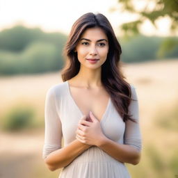 A beautiful woman standing while holding her chest and lips