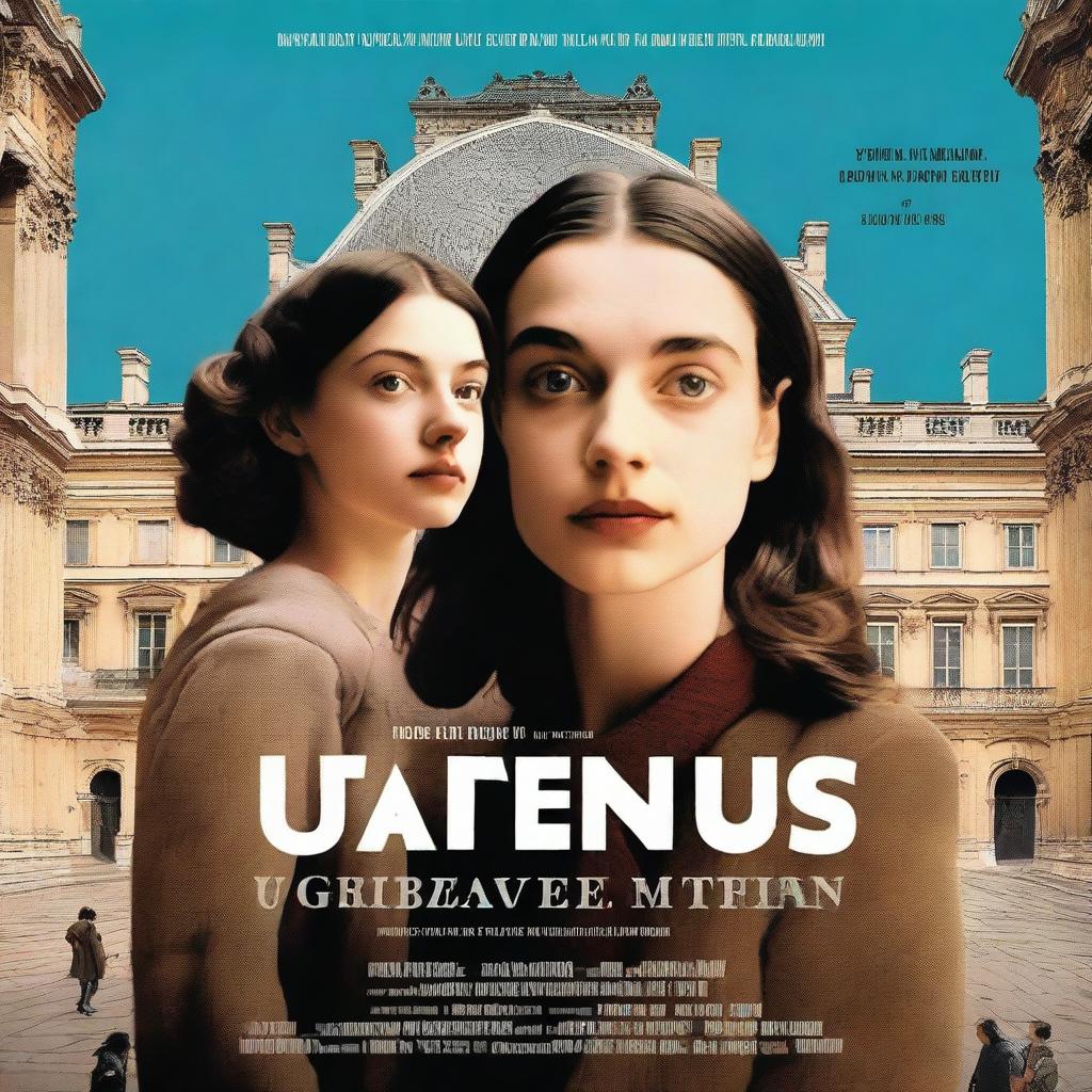 A movie poster featuring a young female director holding a camera, with a man in the background watching the Louvre Museum