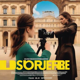 A movie poster featuring a young female director holding a camera, with a man in the background watching the Louvre Museum