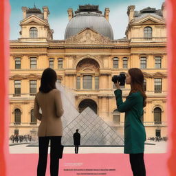 A movie poster featuring a young female director holding a camera, with a man in the background watching the Louvre Museum