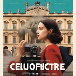 A movie poster featuring a young female director holding a camera, with a man in the background watching the Louvre Museum