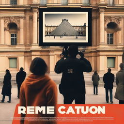 A movie poster featuring a young female director holding a camera, with a man in the background watching pictures of the Louvre Museum