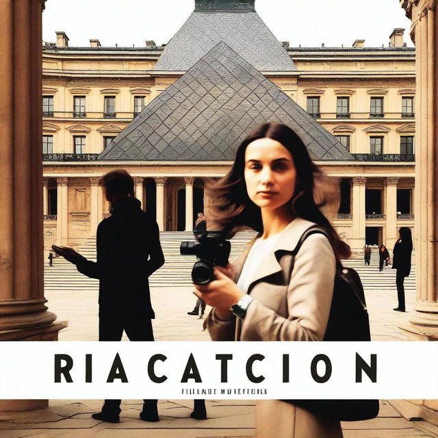 A movie poster featuring a young female director holding a camera, with a man in the background watching pictures of the Louvre Museum