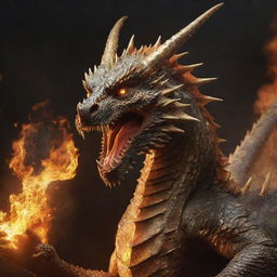 An aggressive dragon with radiant golden scales poised to attack, set against a background of infernal fire