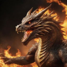 An aggressive dragon with radiant golden scales poised to attack, set against a background of infernal fire