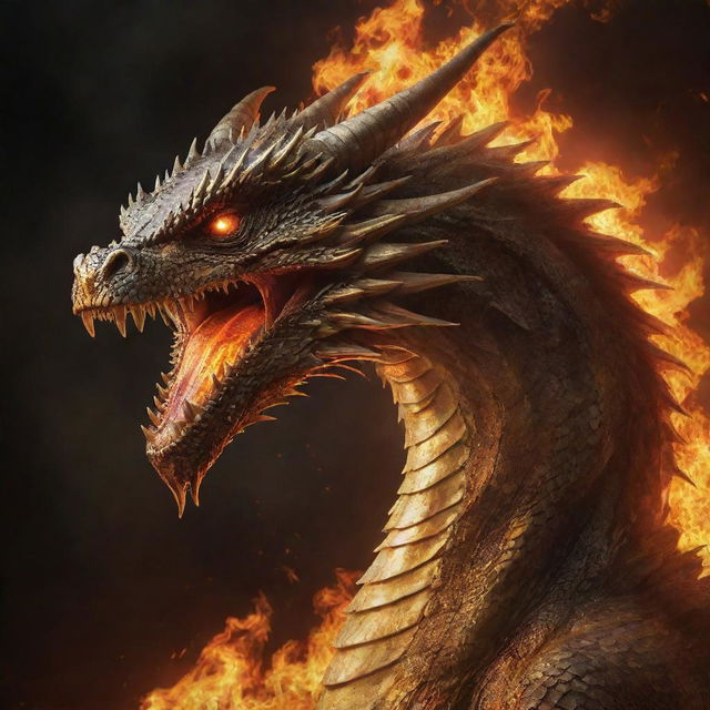 An aggressive dragon with radiant golden scales poised to attack, set against a background of infernal fire