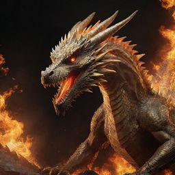 An aggressive dragon with radiant golden scales poised to attack, set against a background of infernal fire