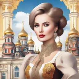 A depiction of a confident and alluring Russian woman, dressed in stylish attire