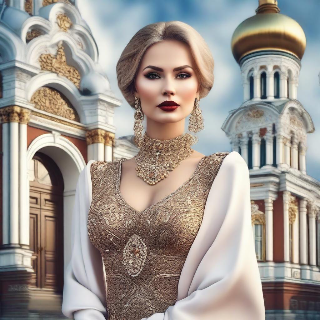 A depiction of a confident and alluring Russian woman, dressed in stylish attire